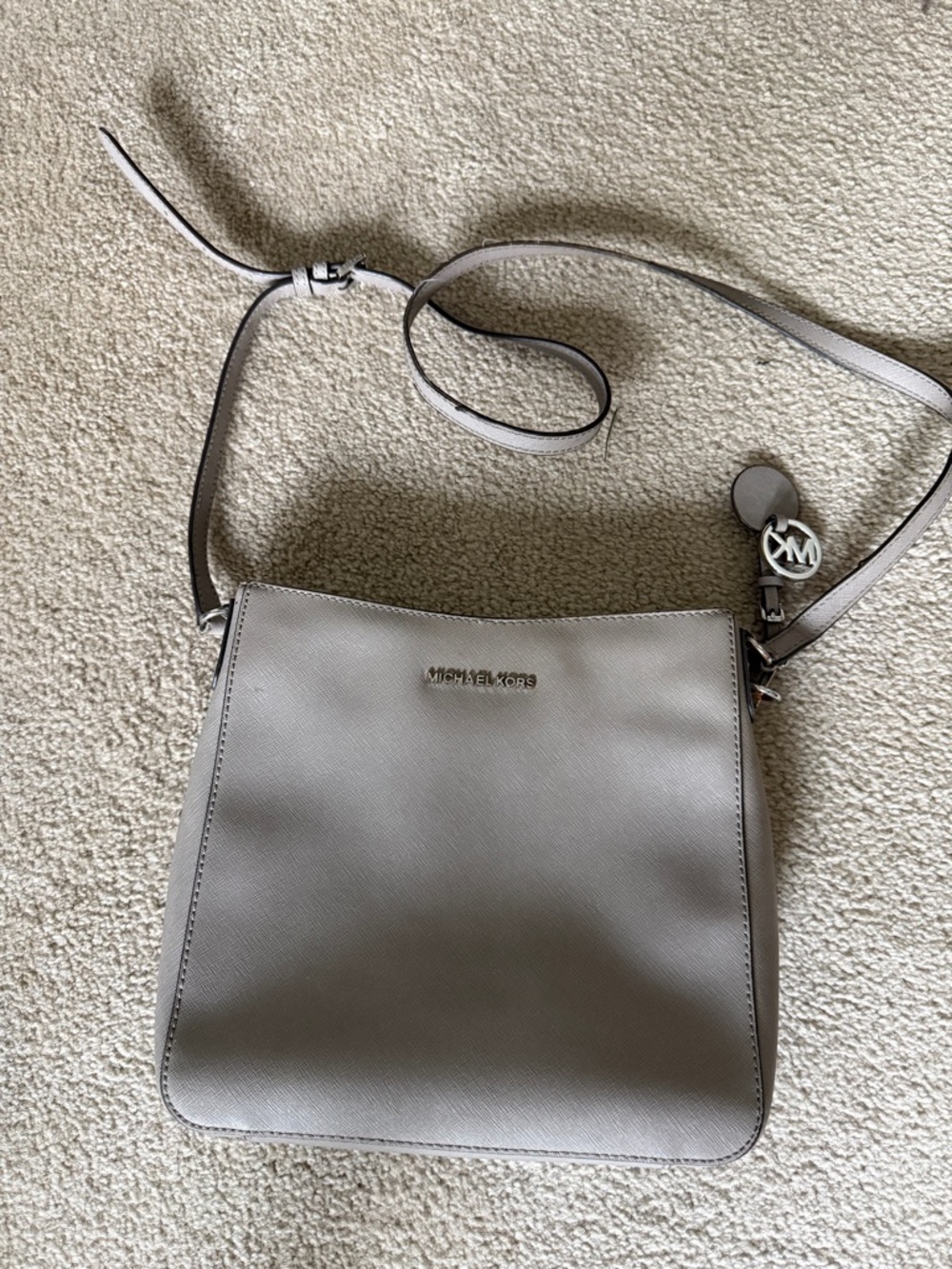 Michael Kors Pale Gray Saffiano Leather Crossbody with Gold Hardware